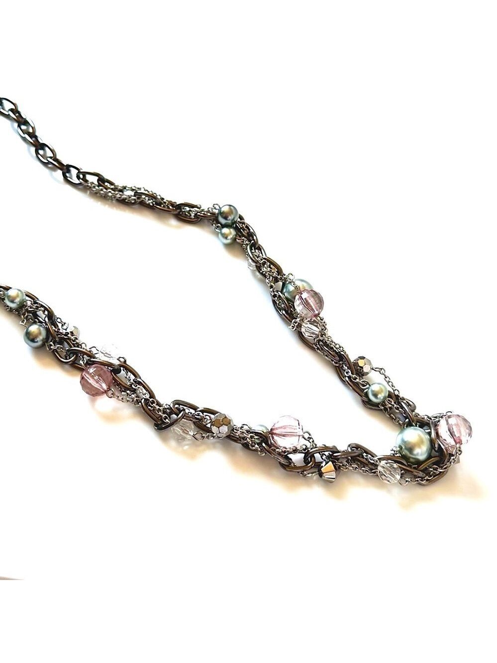 Lia Sophia Silver Layered Necklace Crystals Pink Mint Pearls